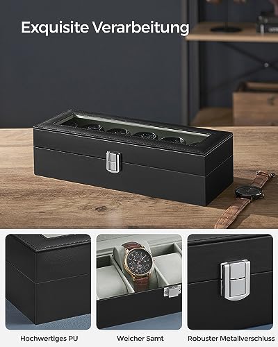SONGMICS JWB06BK Uhrenbox mit 6 Fächern, Schatulle, mit Glasdeckel, abnehmbare Polster, Schloss aus Metall, schwarz beschichtet und Futter in Grau