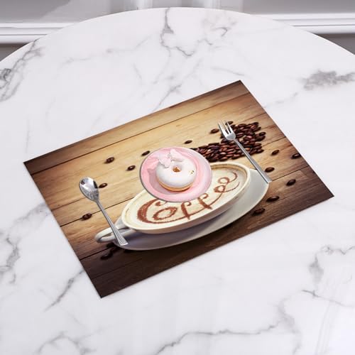 EYLOZS Tovagliette Lavabili,Set di 4 Tovagliette Colazione in PVC,Antiscivolo,Resistenti al Calore,per Tavolo da Cucina,Italiano Caffè Marrone Tazza Caffè Amore Cuore Disegno Latte Primo Pian,45x30cm