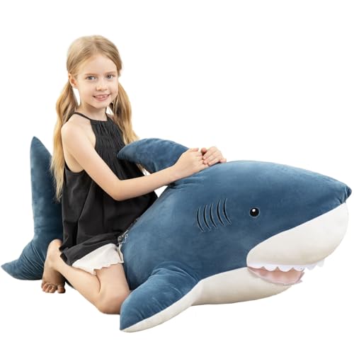 Image of MorisMos 51inch Giant Shark Stuffed Animal, Large Shark Plush Toy Pillow Gift for Kids, Girlfriend, Blue