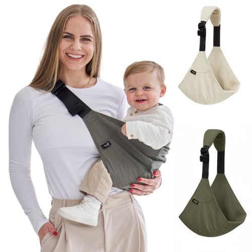 Rookie-Baby – Hüfttrage Baby Khaki I Ergonomisch & rückenschonend I Schnell anzulegen – Trage ab 9 Monate bis ca. 4 Jahre I Seitentrage für Kleinkinder I Ideal für unterwegs I Babytrage Hüftsitz