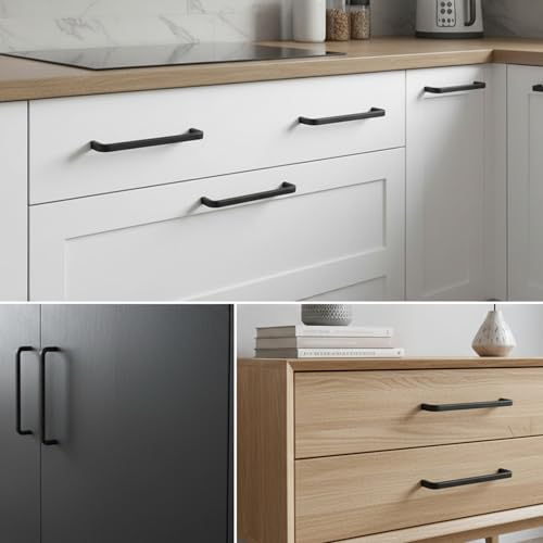 Image of Atlantic Stainless Steel Capsule D Drawer, Cabinet Handles, Matte Black, 8 Inch - Set of 12, Black Finish Pull Handles