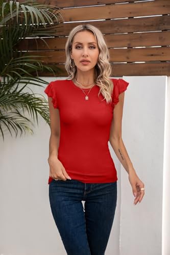 Image of VICHYIE Summer Womens Shirt Short Ruffle Sleeve V Neck /Round Neck Ribbed Casual Tshirt Fitted Tops Blouses