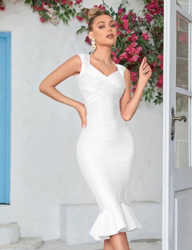 Image of Shoulder Strap Sleeveless Fishtail Midi Bandage Dress for Women Bodycon Club Party Evening Dresses