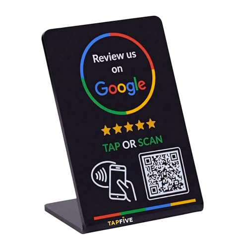 Image of Google Review Stand by TapFive - NFC Tap & QR Code Sign for Restaurants, Salons, Retail & Front Desks | QR Code Stand - Lightning Fast | No Monthly Fees (Black, 1 Stand)