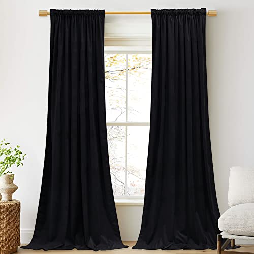 Image of Extra Long Black Velvet Curtains for Home Theater, W52xL108, 2 Pcs | 300GSM Soft Velvet Smooth Drapes, Back Tab Pinch Pleat, Heat & Noise Reducing, Window Covering for Living Room, Bedroom