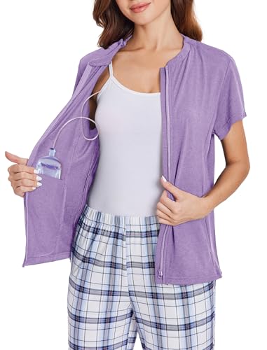 Deyeek Mastectomy Shirts with Drain Pockets Post Shoulder Surgery Tops for Women Chemo Port Short Sleeve with Zippers