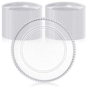 Hoolerry 50 Pack Clear Charger Plates Bulk 13 Inch Plastic Round Beaded Dinner Chargers Acrylic Frosted Grain Decorative Service Plates for Wedding Party Event, Home Kitchen Tabletop Decor