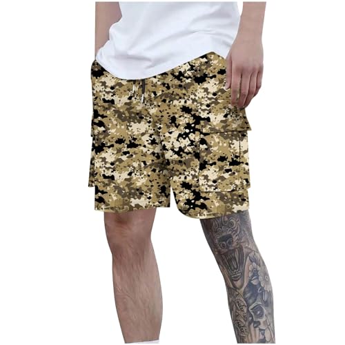 Cargo Shorts Herren Kurze Hosen Sommer Camouflage Hose Kurz Arbeitshose Casual Laufshorts Herrenshorts mit Kordelzug Baggy Cargoshorts Freizeitshorts Männer Outdoorshorts Khaki S