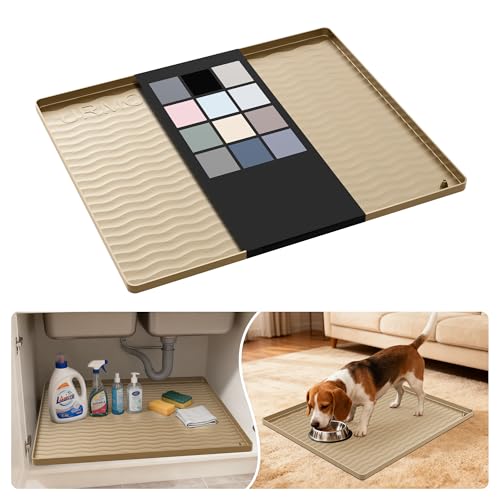 Image of URMONA Waterproof Silicone Under Sink Mat 22'' x 19'' Shelf Liner for Kitchen and Bathroom, Cabinet and Counter Protector, Storage and Organizers, Litter Mat, Pet Cat Puppy Essentials(Khaki)