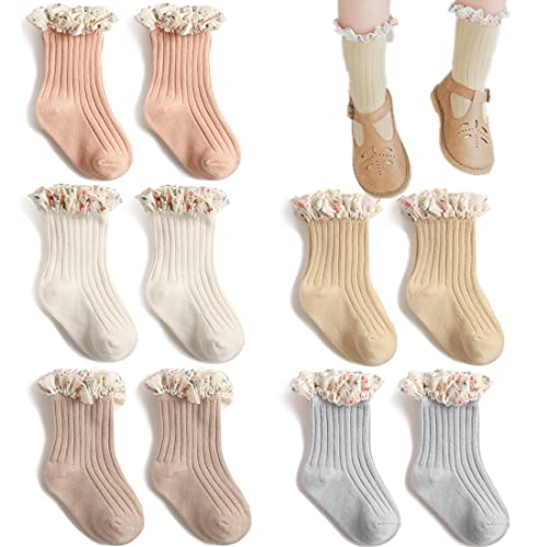 BEHELE Baby Girl Princess Socks Mary Janes Socks Lace Flower Ruffles Dress Ankle Socks for Newborn Toddler Infants (M(1-3T))