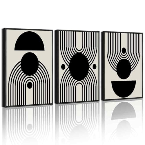KUVIOKE Black Abstract Framed Wall Art Minimalist Geometry Lines Painting Artwork for Living Room Bedroom 12x16in (Black Framed)