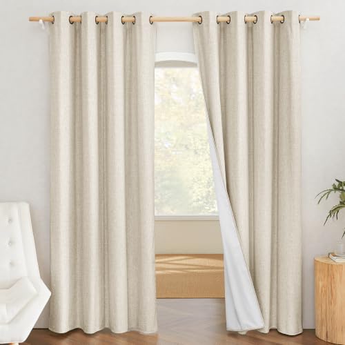 NICETOWN Natural 100% Blackout Linen Curtains 84 inch Long Burg for Living Room, 2 Panels, 52" Wide, Farmhouse Thick Completely Blackout Window Treatment Thermal Insulated Warm Drapes for Winter