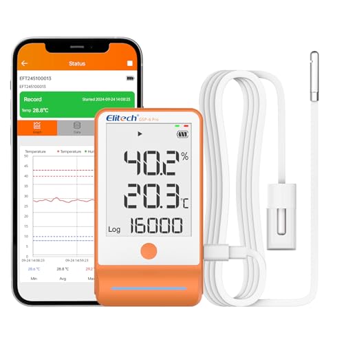 Elitech GSP-6Pro-GLE+THE - Registrador de temperatura Bluetooth con sensor combinado de temperatura y humedad, 100000 puntos de datos, certificado de calibración, ideal para cadenas de frío y