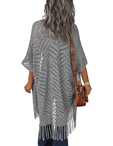 Image of HOTOUCH Womens Knit Cardigan Open Front Outwear Hollow Out Crochet Tassel Lightweight Kimonos Sweater S-XXL