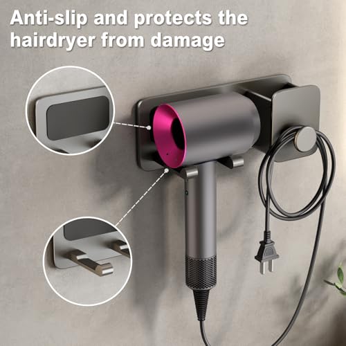 Image of Mustorn Hair Dryer Stand Holder for Wall Mounted Adhesive Hair Dryer Organizer for Bathroom Rust-proof Metal Without Drill Grey