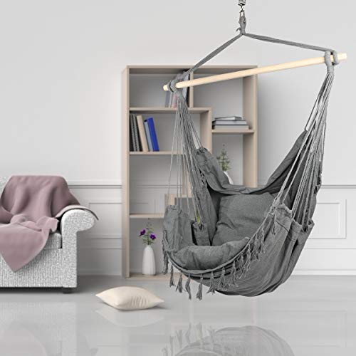 E EVERKING Hammock Chair, Hanging Rope Swing Seat for Indoor Outdoor, Soft Durable Cotton Canvas, 2 Cushions Included, Large Reading Chair with Pocket for Home, Bedroom, Patio, Porch (B-Gray) - Thumbnail 5