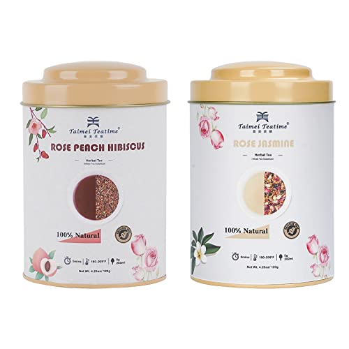 Rose Peach Hibiscus Loose Leaf Tea(120G) Bundle With Rose Jasmine Herbal Tea Loose Leaf (120G), Organic Caffeine Free, Hot And Iced Tea #TOP7