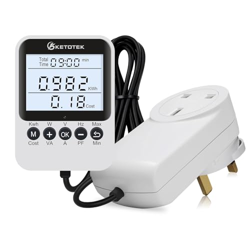 KETOTEK Power Meter Plug Electricity Usage Monitor with Separate Display Screen Watt Meter with Backlit LCD Energy Monitor Plug for UK Socket