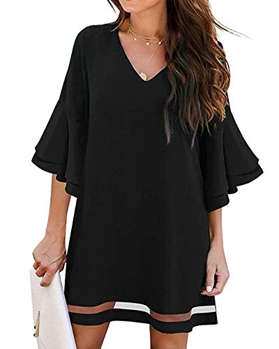 EQUICK Women Casual Dress Summer Tunic V Neck Loose Flowy Swing Shift Fall Blouses Mini Dresses,U220SLYQQ-black-S