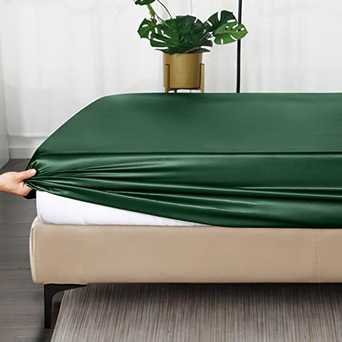 Image of Ersmak Satin Fitted Sheet Only, Luxury Silky Queen Fitted Sheet Ultra Soft Deep Pocket Bottom Sheet, Wrinkle & Fade Resistant - Emerald Green