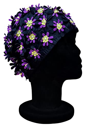 CHEX Bonnet de bain élastique pour femme Motif floral classique rétro avec découpe 3D Multicolore Taille unique pour adulte Noir Cover