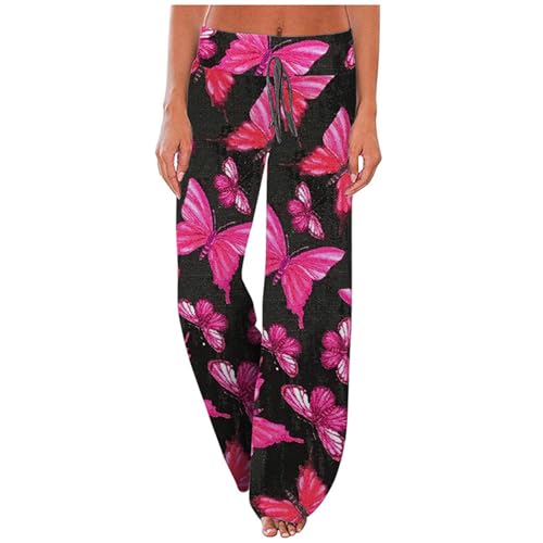 Q-99 - Pantalón rosa para mujer, diseño de mariposa, flores, holgado, entrenamiento, gimnasio, descanso, pernera ancha y alta, cintura elástica, largo, corte de bota, pijamas para mujer, talla M