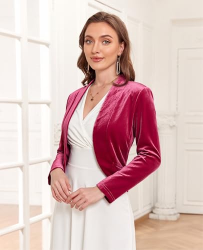 Image of Women's Long Sleeve Velvet Shrug for Dresses Cocktail Party Open Front Cropped Bolero Cardigan Top