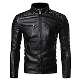 Men's Motorcycle Leather Jacket With Double Zippers Classic Biker PU Jacket Vintage Stand Collar Rider Jacket Coat (Black,4X-Large)