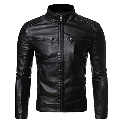 Maiyifu-GJ Men's Stand Collar Faux Leather Jacket Casual Slim Fit Motorcycle Jackets Lightweight Vintage Outwear Coat (Black,X-Large)