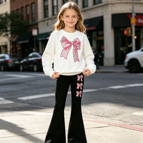 Image of Girls Clothes 2 Piece Cute Bow Print Sweatshirt & Flare Pants Fall Winter Outfits Set Size 7-14Y