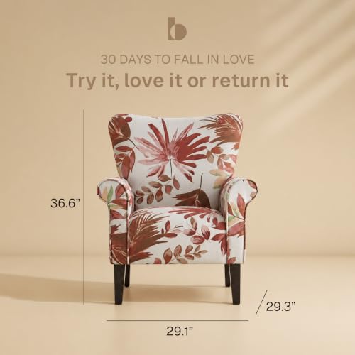 Image of BELLEZE Modern Accent Chair for Living Room, High Back Floral Armchair with Wooden Legs, Upholstered Wingback Side Chair Padded Armrest Single Sofa for Living Room, Bedroom - Allston (Red Floral)