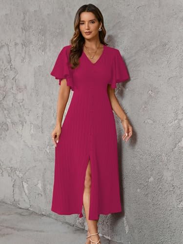 Image of Shasmi Girl's & Women's Pleated Midi Dress with Flutter Sleeves | V-Neck Western Dress for Women | Elegant A-Line Summer Outfit | Office & Casual Wear (Dress 244)