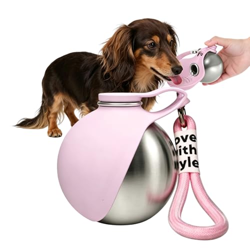 Trinkflasche Hunde für Unterwegs 285 ml Edelstahl Hunde Trinkflasche mit Faltbarem Silikonnapf Auslaufsichere & Kompakte Hundetrinkflasche für Spaziergänge Wanderungen & Reisen (Rosa)
