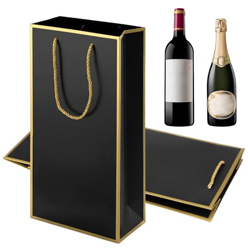 2 Stück Luxuriöse Weintaschen Doppelte Geschenktüten Für Zwei Flaschen Mit Goldrand Hochwertige Verpackung Für Hochzeit Party Geburtstage (Schwarz 35 Cm)
