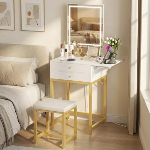 KAI-ROAD Small Makeup Vanity Desk with Lights - White Girls Vanity Set with Mirror and Chair, Make Up Dresser Table with Drawers and Power Outlet for Bedroom Small Space, Gold KAI-ROAD Small Makeup Vanity Desk with Lights - White Girls Vanity Set with Mirror and Chair, Make Up Dresser Table with Drawers and Power Outlet for Bedroom Small Space, Gold