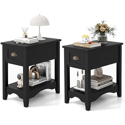 COSTWAY Slim Wooden Sofa Side Table with Drawer Cover