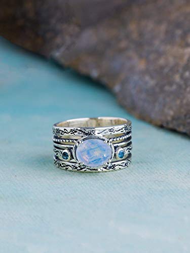 YoTreasure Moonstone London Blue Topaz 925 Sterling Silver Antique Three Stone Ring3