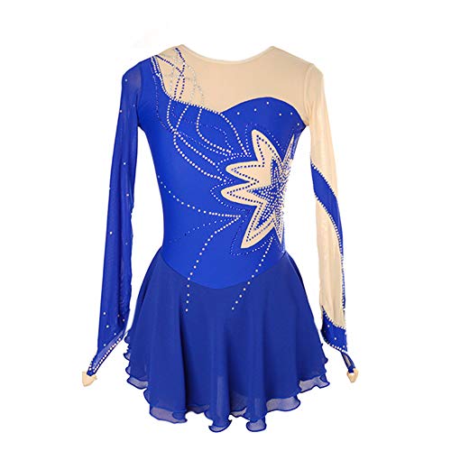 Ice Figure Skating Dress For Girls Ladies Long-sleeved Beaded Roller Skating Skirt Dark Blue Flower Deco