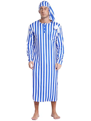 Men's Soft Loose Sleepwear Striped Long Sleeve Nightshirt with Sleeping Cap Pajama Set