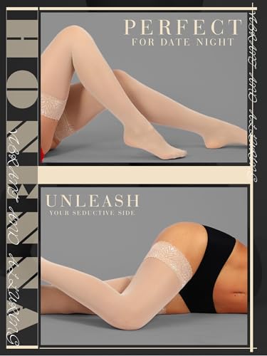 Image of HONENNA Semi Sheer Stay Up Lingerie Thigh High Stockings Lace Top Size A-F