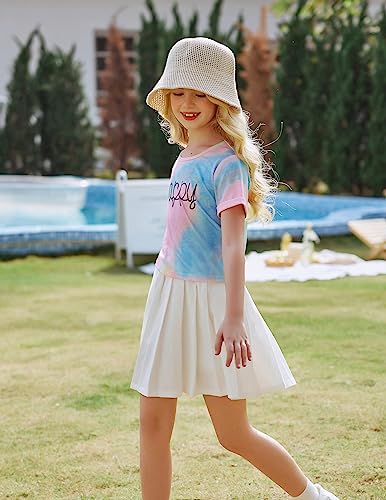 Boyoo Girl's Short Sleeve T Shirt Kids Fashion Tee Tie Dye Crewneck Rolled Cuffs Crop Top for 5-14 Years3