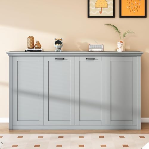 MERITLINE Twin Horizontal Murphy Bed Cabinet with Desk, Solid Woo...