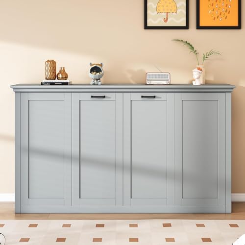 MERITLINE Twin Horizontal Murphy Bed Cabinet with Desk, Solid Wood Farmhouse Murphy Bed Frame for Small Room, Office, Apartment, Space Saving, (Grey)