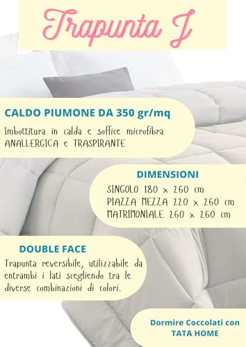 Tata Home Trapunta Invernale Tinta Unita Double Face Matrimoniale Imbottita 350 gr/mq Piumone Caldo Letto 2 Piazze 260x260 cm Bicolore Panna Tortora Mod. J