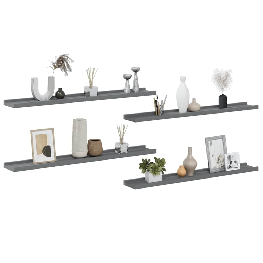 Półki ścienne 4 szt. szare 80 x 9 x 3 cm z płyty MDF – praktyczne półki wiszące do dekoracji mieszkania i przechowywania roślin, książek, artykułów dekoracyjnych