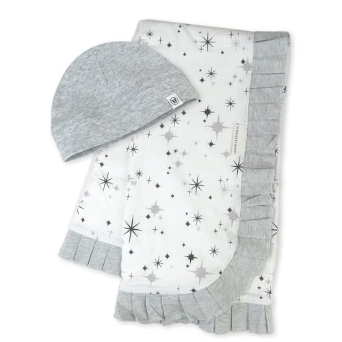 HonestBaby Knit Stroller Blanket with Trim detail and Baby Hat 100% Organic Cotton for Infant Boys, Girls, Twinkle Star Gray (2-pack), One Size
