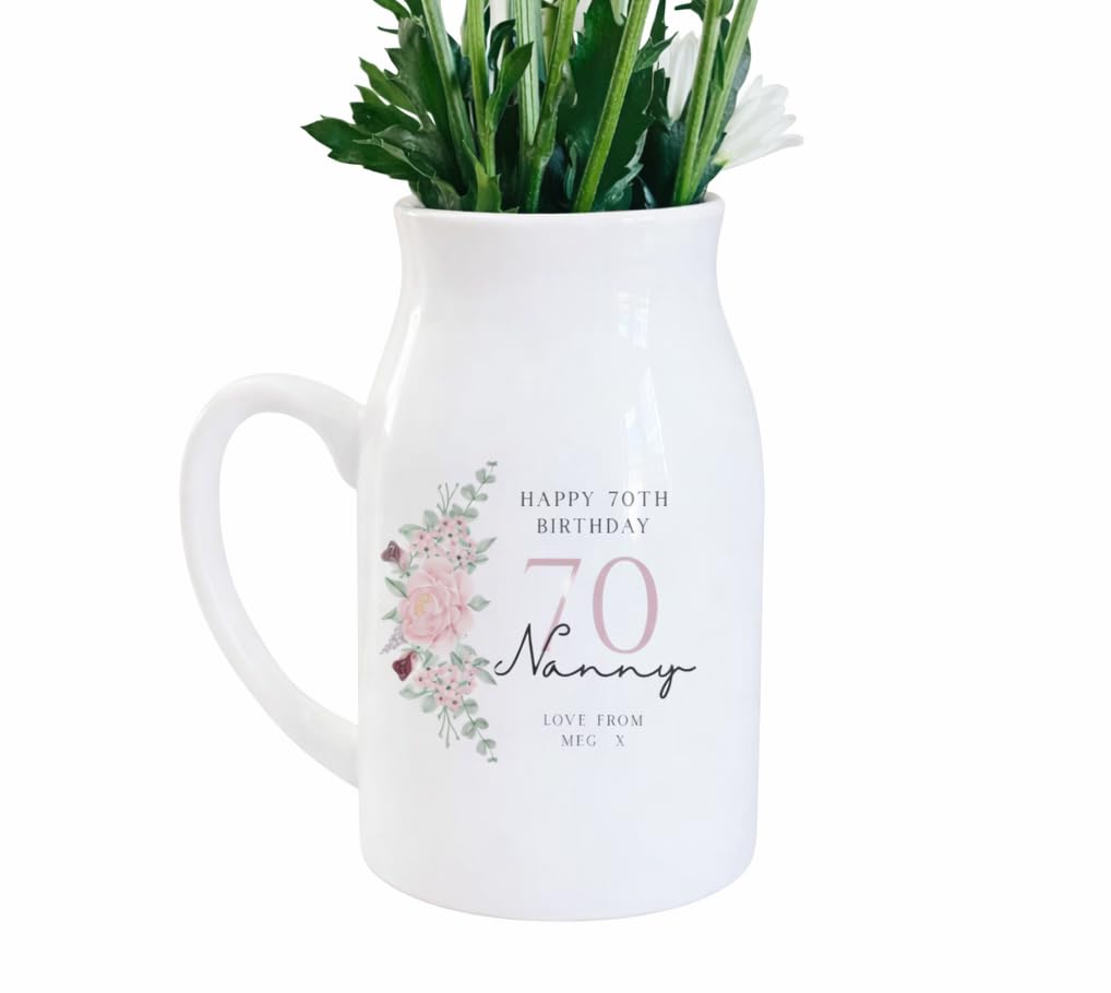 Uniquepgifts White Personalised 70Th Birthday Milestone Gift, Small Flower Jug Vase, Birthday Keepsake For Nan, Nanny, Nana, Grandma, Auntie, Friend, 12.5Cm High