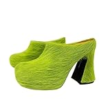 Women's Chunky Heels Mules with Fur Closed Round Toe Block Backless Pumps Candy Color Slip On Fashion Slide Shoes Faux Fur Green