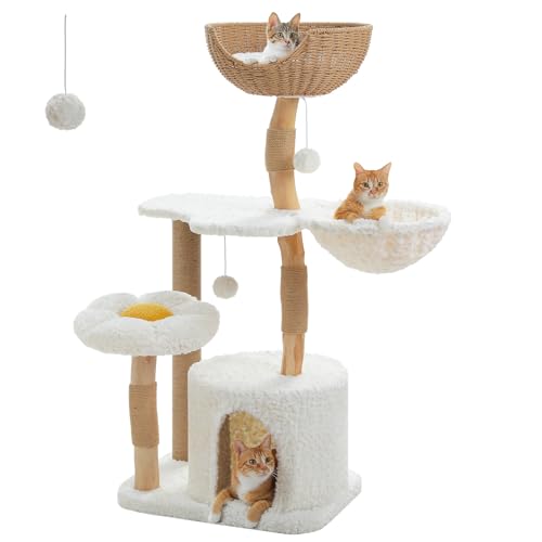 PETEPELA Cat Tree for Large Cats, 48.5" Natural Solid Wood Cat Tower with Big Rattan Basket, Cozy Condo & Flower Cat Tree with Large Perch for Indoor Cats, Kittens, White