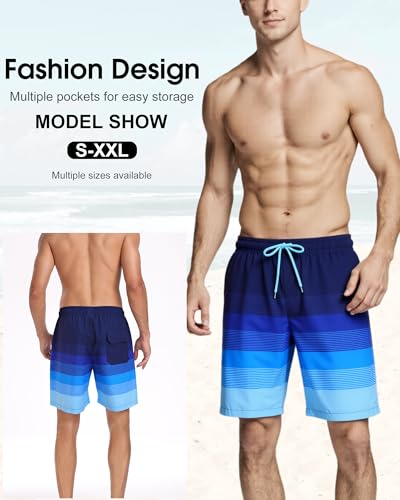 Image of Mens Swim Trunks with Compression Liner 2 in 1 Quick Dry Swimming Shorts Swimwear Bathing Suits with Pockets, Stripe Dark Blue, M